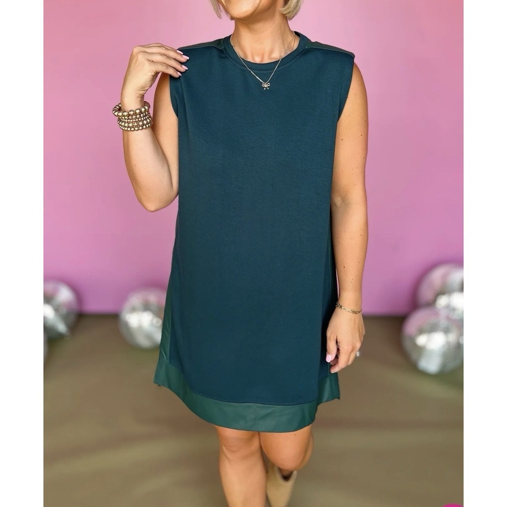 SSYS The Label Vivian Shift Dress Teal S Faux Leather Shoulder Pad Wedding Guest